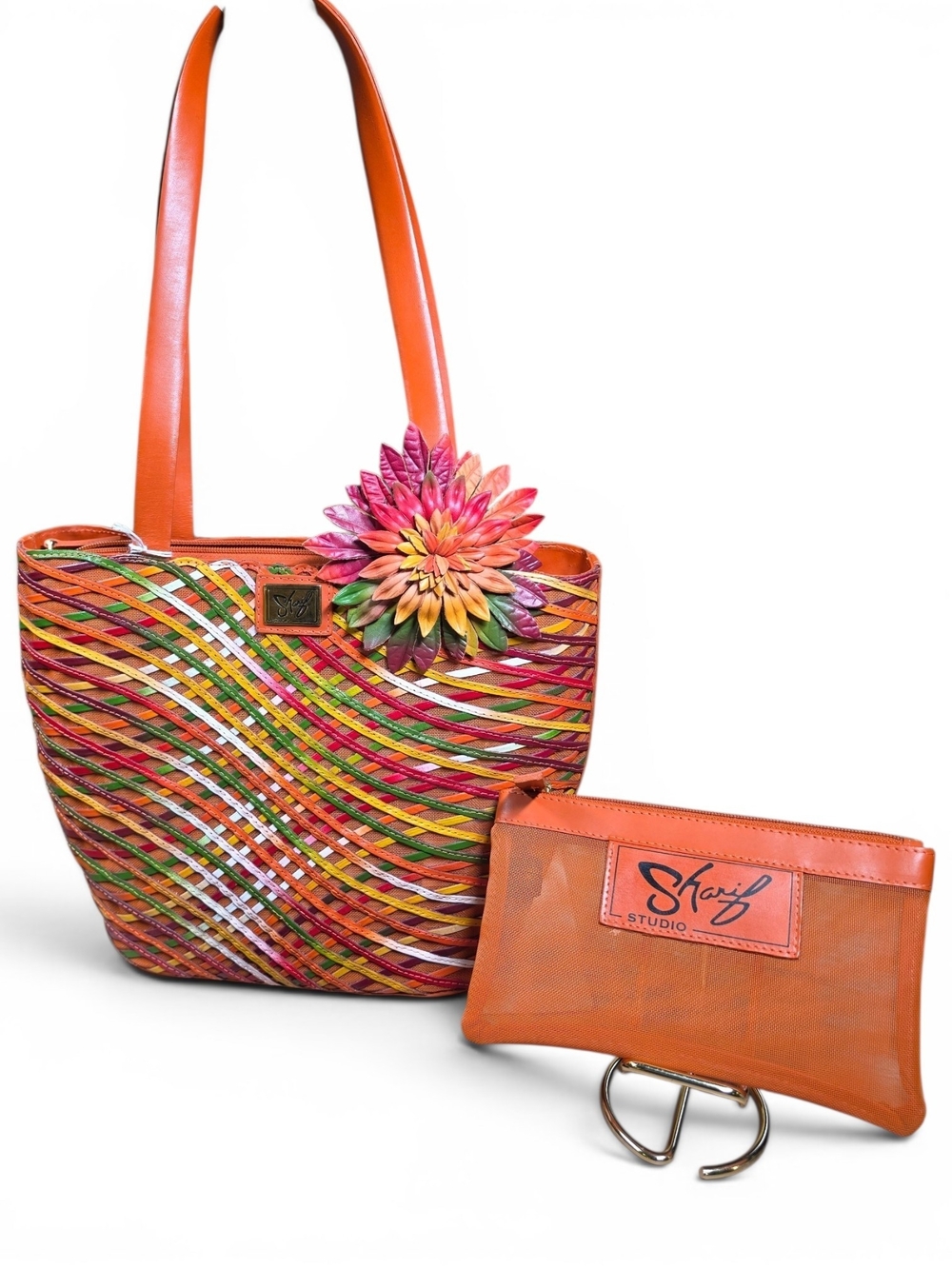 Sharif Multicolor Woven Tote Flower Accent w/ Pouch & Dusty NWOT! (Retail $349)